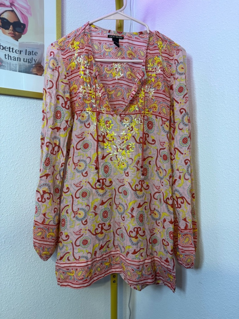 Lucky Brand Pink Paisley Tunic with Yellow Embroidery Size Small
